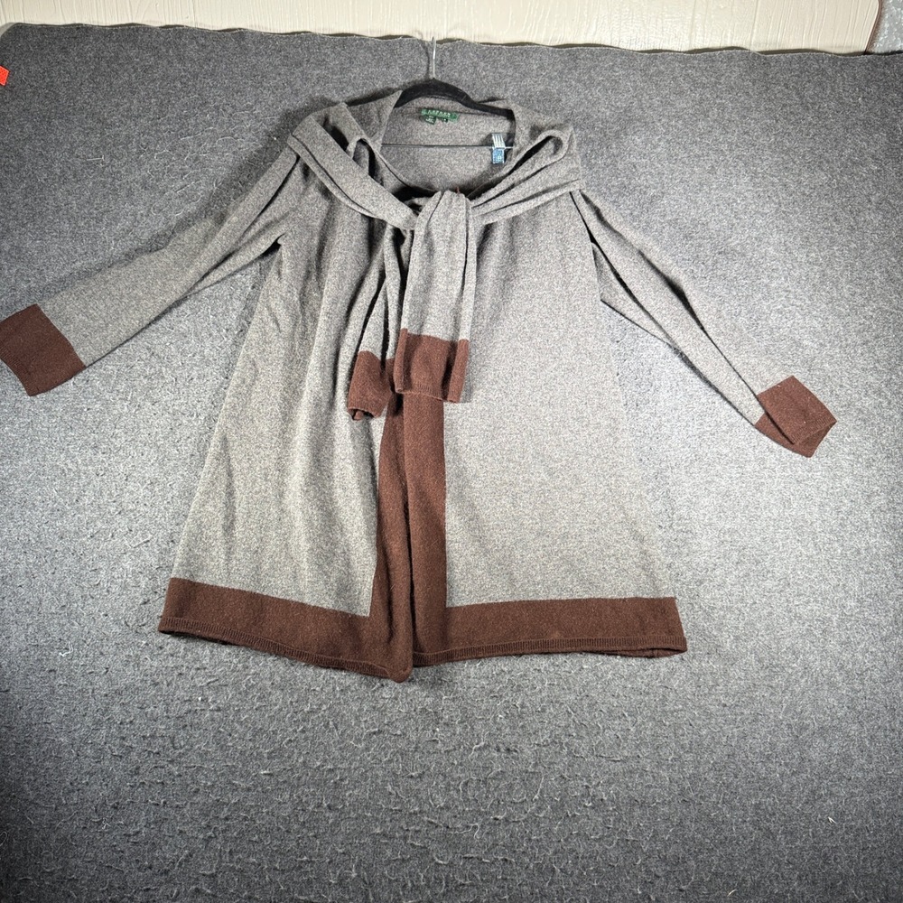 Lauren Ralph Lauren Wool Cashmere Colorblock Scarf Neck Cardigan Gray Brown M - Picture 4 of 8